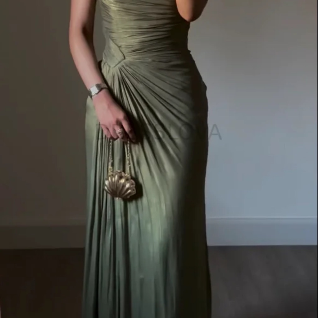 Elegant Olive Green Ruched Evening Dress